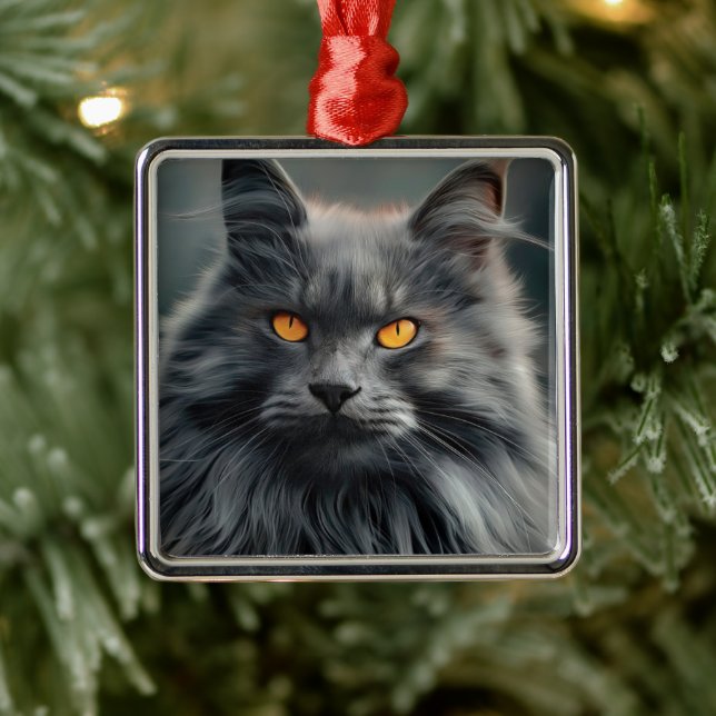 Majestic Long-Haired Cat Portrait Design Metal Ornament (Tree)