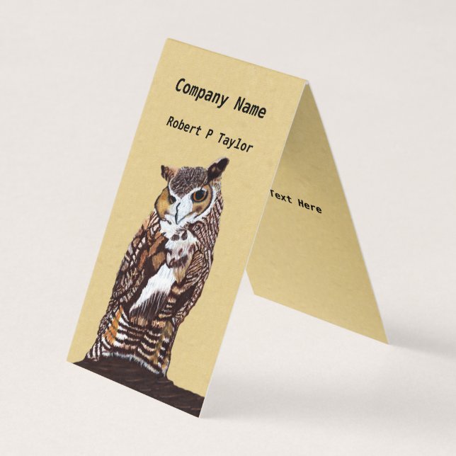 Majestic Looking Brown White Owl on Branch Tan Business Card (Front)