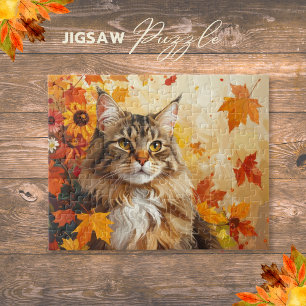 Majestic Maine Coon with Fall Leaves and Sunflower Jigsaw Puzzle