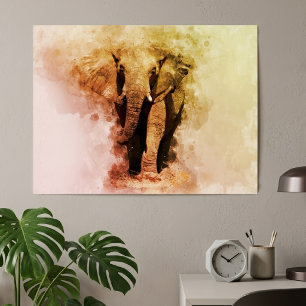 Majestic Male African Elephant Walking Watercolor Poster