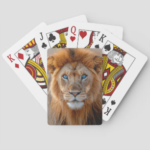 Majestic Male Lion with Glowing Blue Eyes Playing Cards