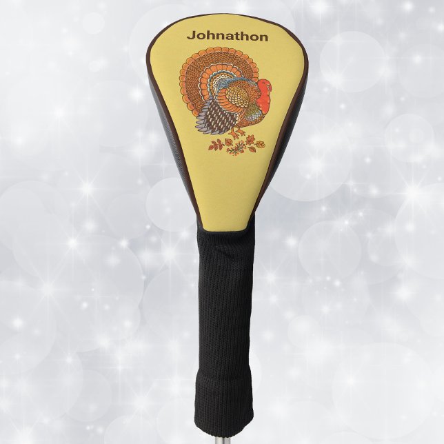 Majestic Male Turkey Fanned Tail Autumn Colours Golf Head Cover (Male Turkey fanned tail Feathers in Autumn colours with leaves on golden yellow golf club cover.)