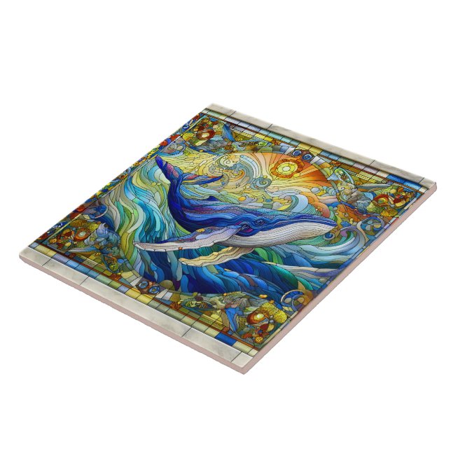 Majestic Marine Mosaic A Stained Glass Whale Ceramic Tile (Side)