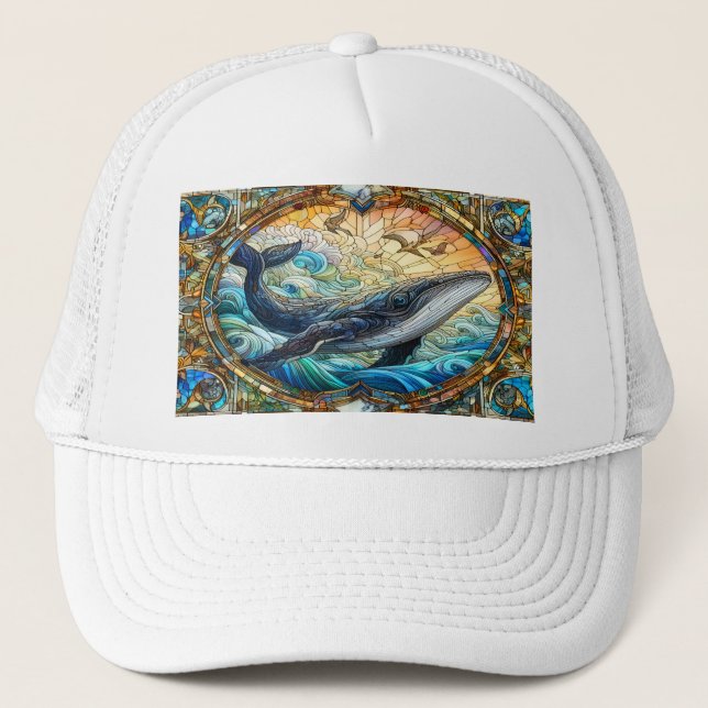 Majestic Marine Mosaic A Stained Glass Whale Trucker Hat (Front)