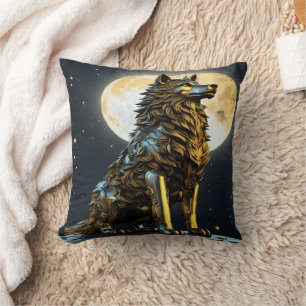 Majestic Metallic Wolf Under Full Moonlight Cushion