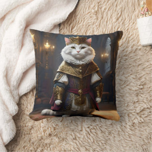 "Majestic Monarch: The Regal White Cat in Robes" Cushion