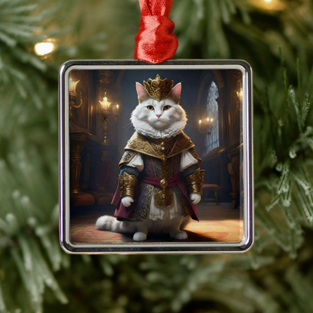 "Majestic Monarch: The Regal White Cat in Robes" Metal Ornament (Tree)