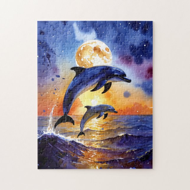 Majestic Moonlit Dolphins at Sunset Ocean Puzzle (Vertical)