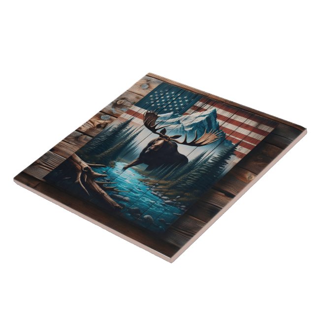 Majestic Moose Against American Flag Background Ceramic Tile (Side)