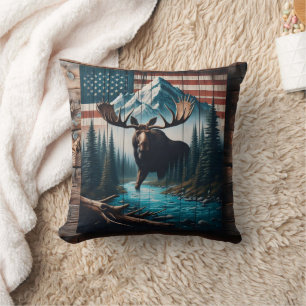 Majestic Moose Against American Flag Background Cushion