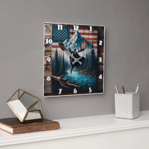Majestic Moose Against American Flag Background Square Wall Clock