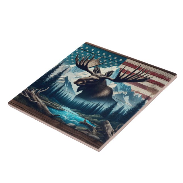 Majestic Moose Against Mountains and American Flag Ceramic Tile (Side)