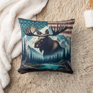 Majestic Moose Against Mountains and American Flag Cushion