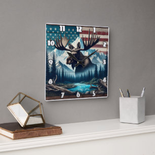 Majestic Moose Against Mountains and American Flag Square Wall Clock