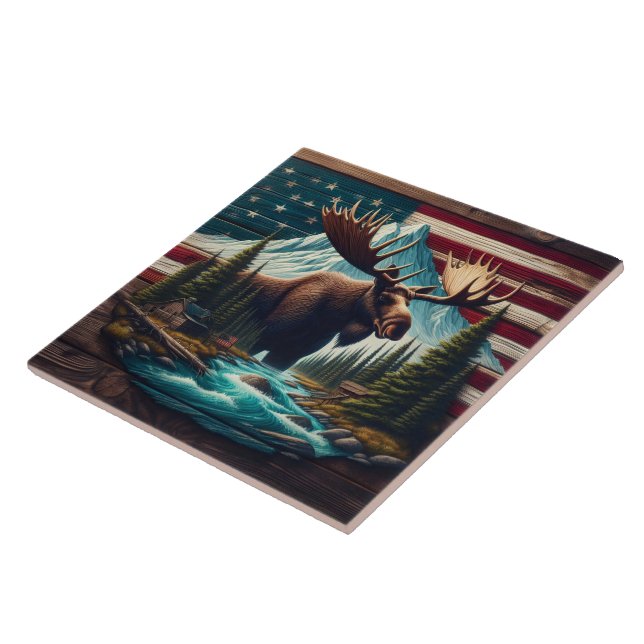 Majestic Moose Among Mountains and American Flags Ceramic Tile (Side)
