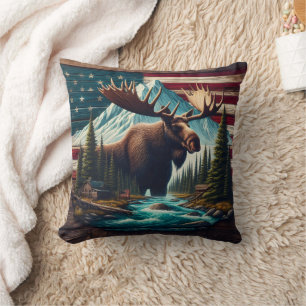 Majestic Moose Among Mountains and American Flags Cushion