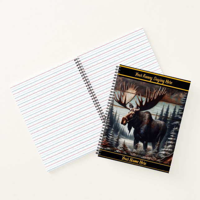 Majestic moose art carved into dark wood landscape notebook (Inside)