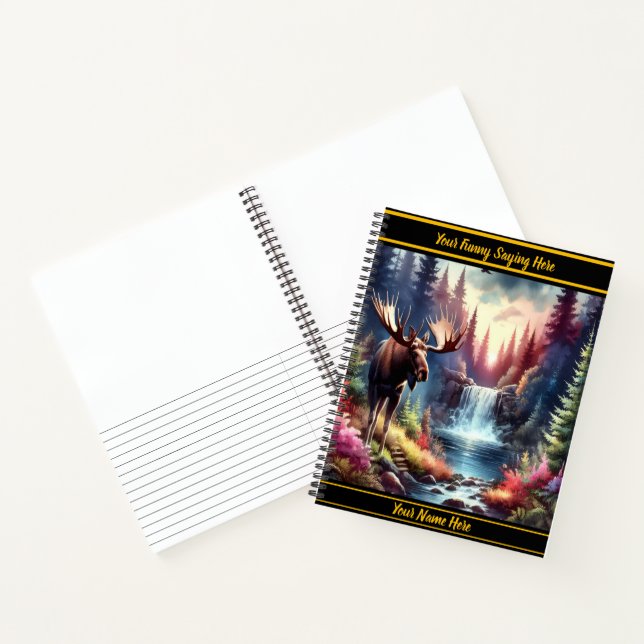 Majestic moose by a tranquil waterfall at dusk notebook (Inside)