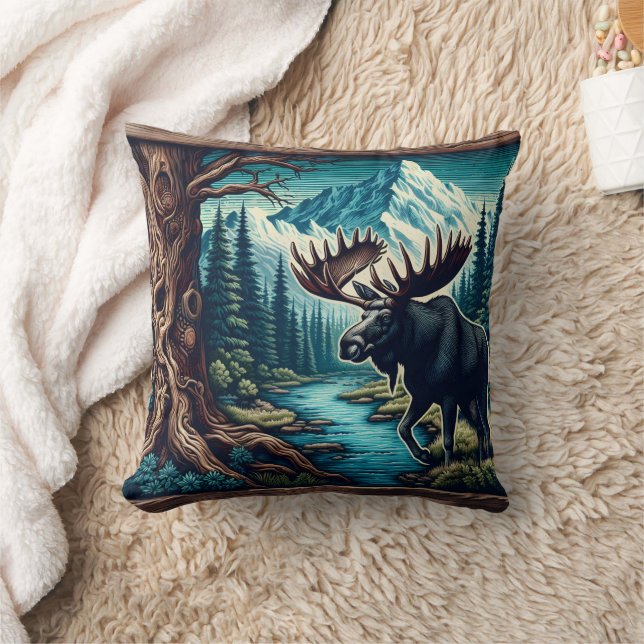 Majestic Moose by River in Mountain Landscape Cushion (Blanket)