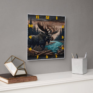 Majestic Moose by Serene Forest River Square Wall Clock