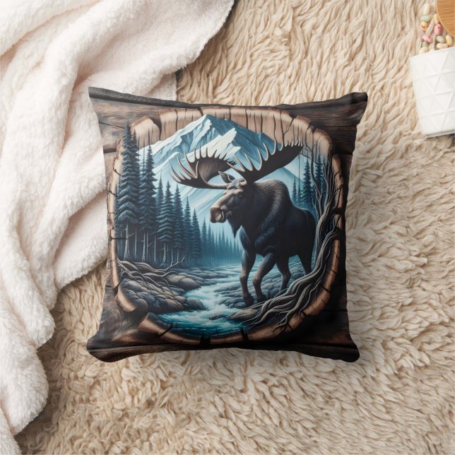 Majestic Moose by Stream in Mountain Landscape Cushion (Blanket)