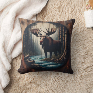 Majestic Moose by the River in Dense Forest Cushion