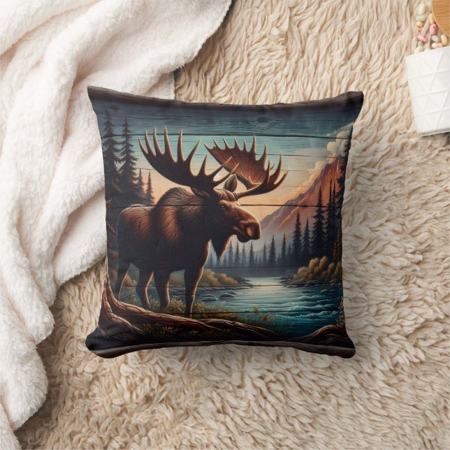 Majestic Moose by Tranquil Mountain Stream Cushion (Blanket)