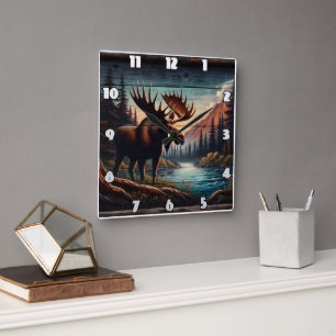 Majestic Moose by Tranquil Mountain Stream Square Wall Clock