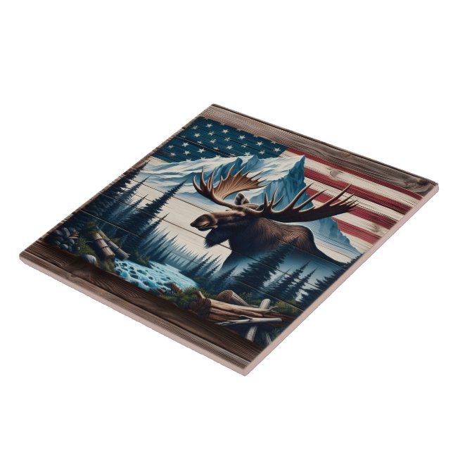 Majestic Moose in Front of Mountains and Flag Ceramic Tile (Side)