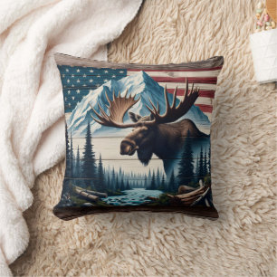 Majestic Moose in Front of Mountains and Flag Cushion