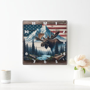 Majestic Moose in Front of Mountains and Flag Square Wall Clock