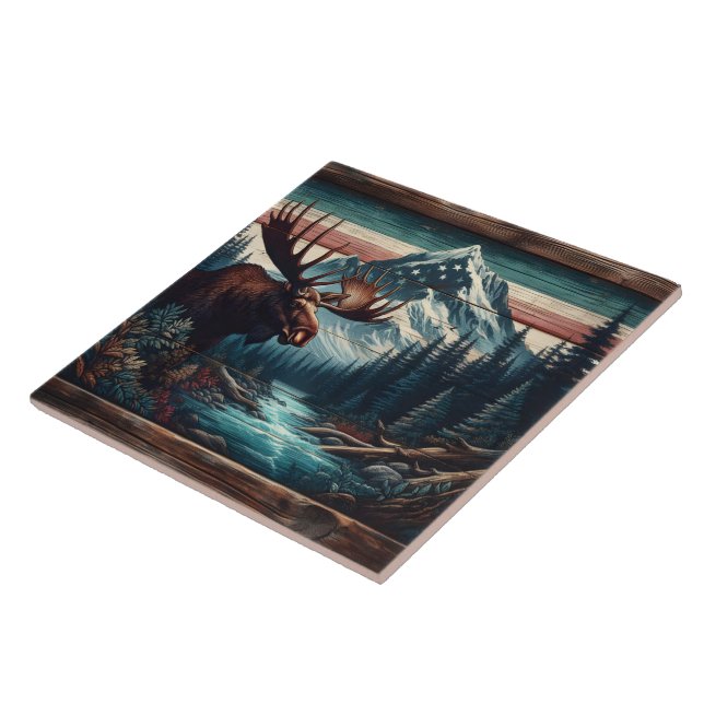 Majestic Moose in Scenic Mountain Landscape Ceramic Tile (Side)