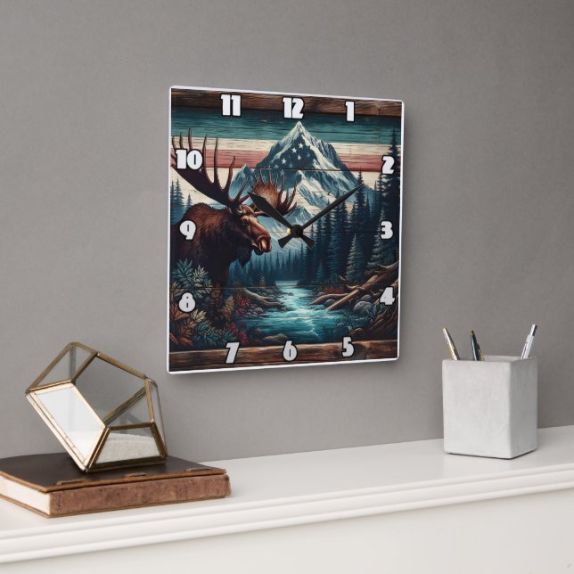 Majestic Moose in Scenic Mountain Landscape Square Wall Clock (Office)