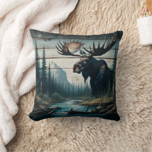 Majestic Moose in Serene Forest Landscape Cushion