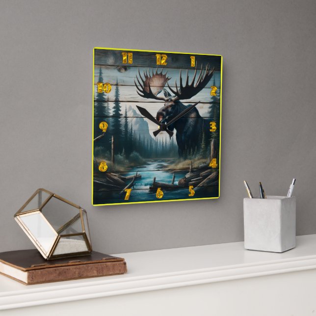 Majestic Moose in Serene Forest Landscape Square Wall Clock (Office)