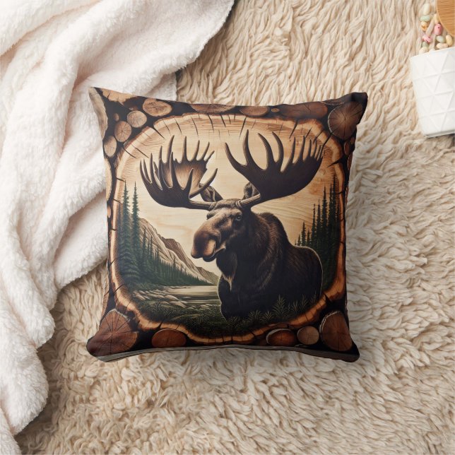 Majestic Moose in Woodland Setting With Logs Cushion (Blanket)