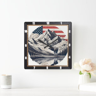 Majestic Moose Mountain Patriotic Square Wall Clock