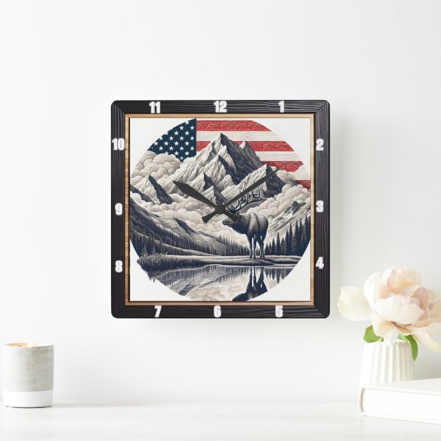 Majestic Moose Mountain Patriotic Square Wall Clock (Home)