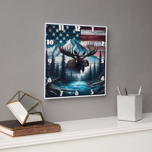 Majestic Moose Overlooking American Landscape Square Wall Clock (Office)