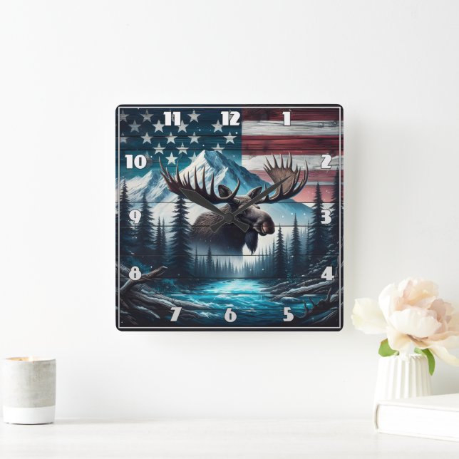Majestic Moose Overlooking American Landscape Square Wall Clock (Home)
