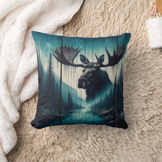 Majestic Moose Overlooking Serene River Landscape Cushion (Blanket)