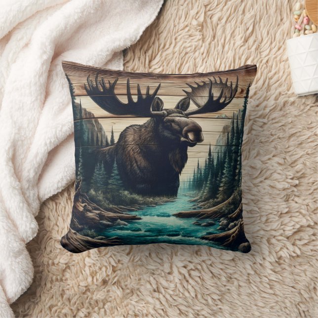 Majestic Moose Overlooking Serene River Landscape Cushion (Blanket)