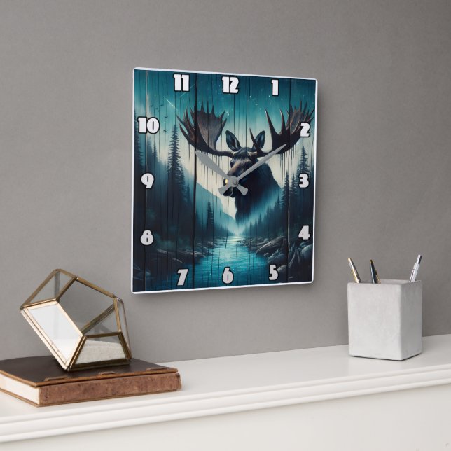 Majestic Moose Overlooking Serene River Landscape Square Wall Clock (Office)