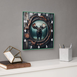 Majestic Moose Portrait in Rustic Frame Square Wall Clock