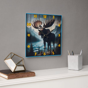 Majestic Moose Standing by a Lake at Dusk Square Wall Clock