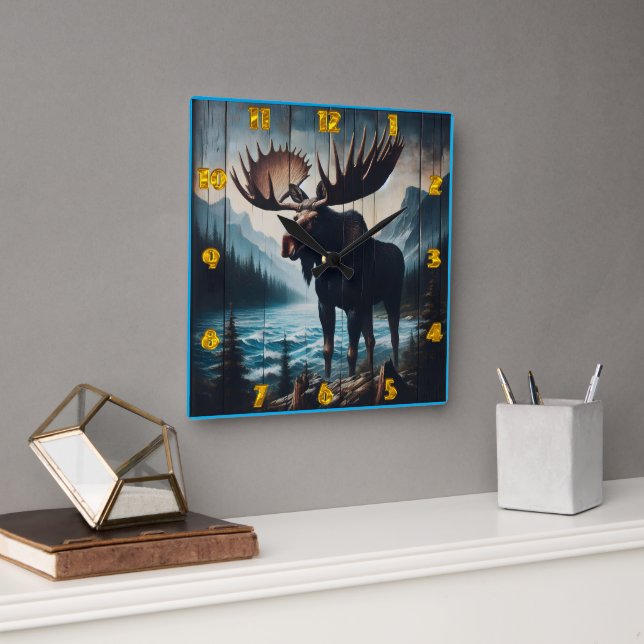 Majestic Moose Standing by a Lake at Dusk Square Wall Clock (Office)