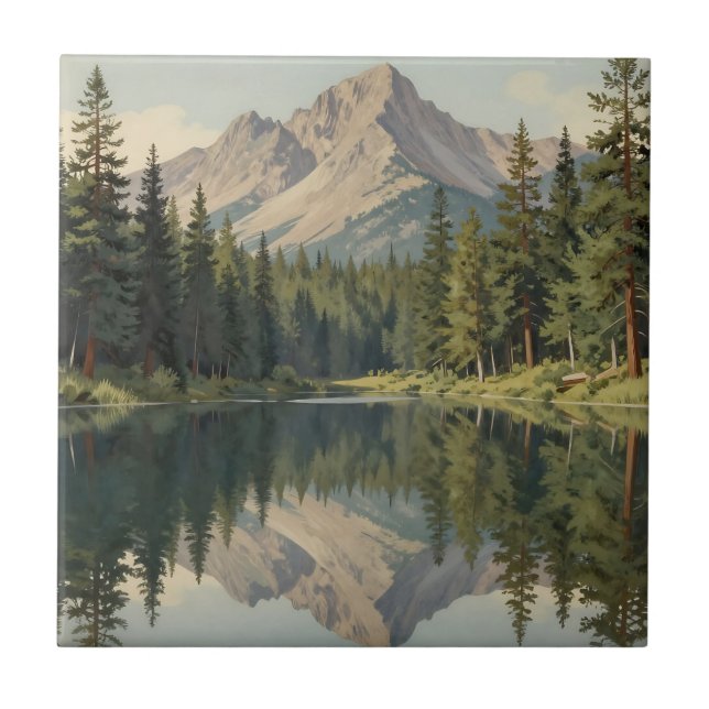 Majestic Mountain Lake Reflection Ceramic Tile (Front)