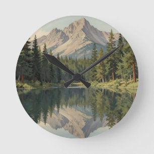 Majestic Mountain Lake Reflection Round Clock