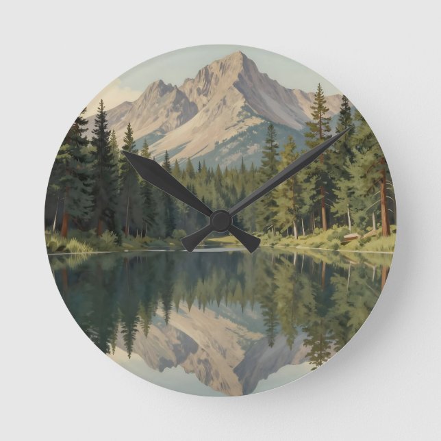 Majestic Mountain Lake Reflection Round Clock (Front)