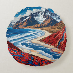 Majestic Mountain Landscape with Vibrant Colours Round Cushion